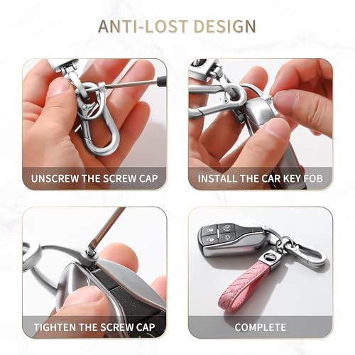 Image of Gkeygo Carabiner Keychain, Universal Heavy Duty Woven Handmade Leather Key Chain, Car Fob Key Keychains with 360 Degree Rotatable Snap Swivel and Anti-Lost D-Ring for Men and Women, Silver - Pink