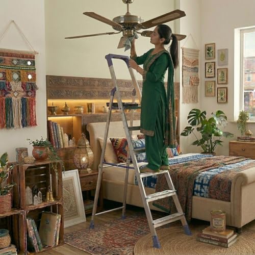 Image of CIPLA PLAST Step Ladder for Home Use | Foldable Aluminium Ladder for Home with Scratch Resistant | Anti Skid Shoes and Extra Strong Wide Steps | Home Pro Steps - (Silver & Blue) (6 Steps)