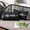 Adabana Outdoor Waterproof Throw Pillow Covers Set of 2 Stay awhile Decorative Outdoor Lumbar Pillows Cover for Patio Garden Porch Black 12x20 Inch