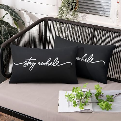 Adabana Outdoor Waterproof Throw Pillow Covers Set of 2 Stay awhile Decorative Outdoor Lumbar Pillows Cover for Patio Garden Porch Black 12×20 Inch