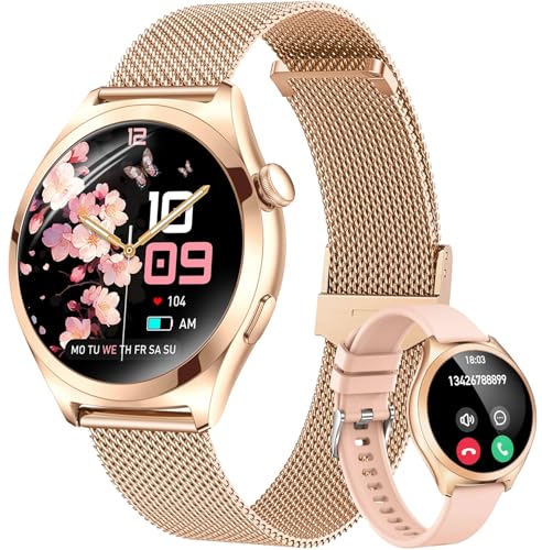 Relógio inteligente mulher com chamadas Bluetooth, 1,27" Smartwatch com podómetro/monitor de sono, 100 modos desportivos Smart Watch, IP68 pulseira atividade para Android iOS, ouro rosa