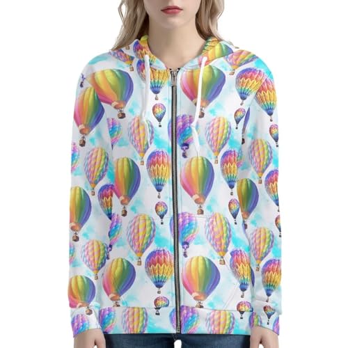 UOIMAG Sudaderas con capucha para mujer, chaquetas de manga larga con cremallera, con bolsillo, trajes casuales delgados, Globo de aire caliente, XS