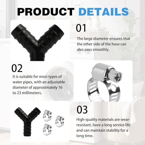 2-Wege Y-Verteilerstück für Ablaufschläuche, 3/4 Zoll (19 mm) Anschluss, inklusive 3 Schlauchschellen,Waschmaschinen Anschluss,Kunststoffschlauch Verteiler,für Waschmaschinen und Geschirrspüler