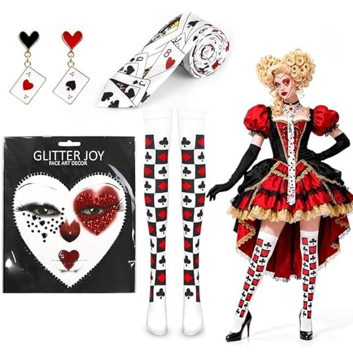 Karneval Kostüm Damen, Poker Cards Tie, Earrings & Hold-Up Stockings, Queen of Hearts Design, Perfect for Casino Party, Fancy Dress & Themed Parties Herzen Kostüm für Karneval
