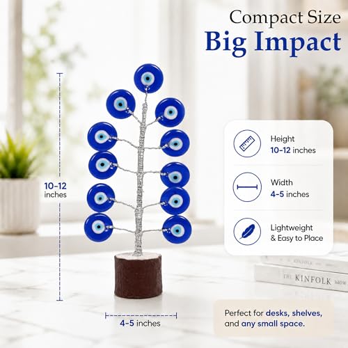 Image of Evil Eye Protection Tree Decor for Home & Office | Nazar Suraksha Blue Eye Tree Stand with Wooden Base | Feng Shui Vastu Positive Energy & Protection Showpiece