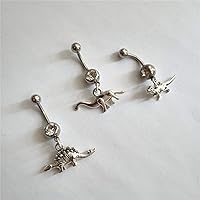 Vista 4 de 3pcs Punk Dinosaur Dangle Pendant Belly Button Ring, Tiny Velociraptor Charm Stainless Steel 14 Gauge Navel Barbell Ring