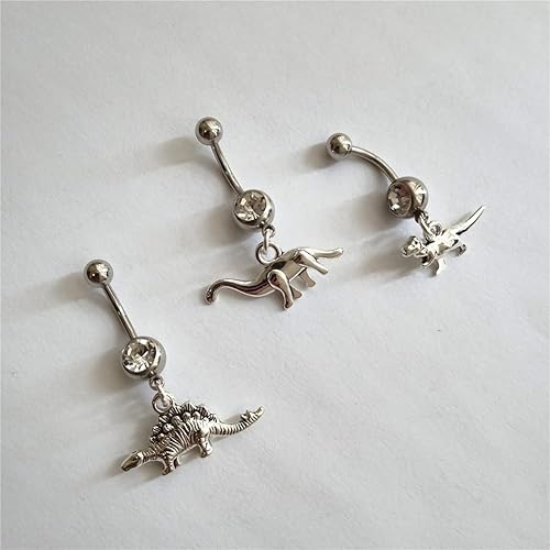 Miniatura 4 de 3pcs Punk Dinosaur Dangle Pendant Belly Button Ring, Tiny Velociraptor Charm Stainless Steel 14 Gauge Navel Barbell Ring