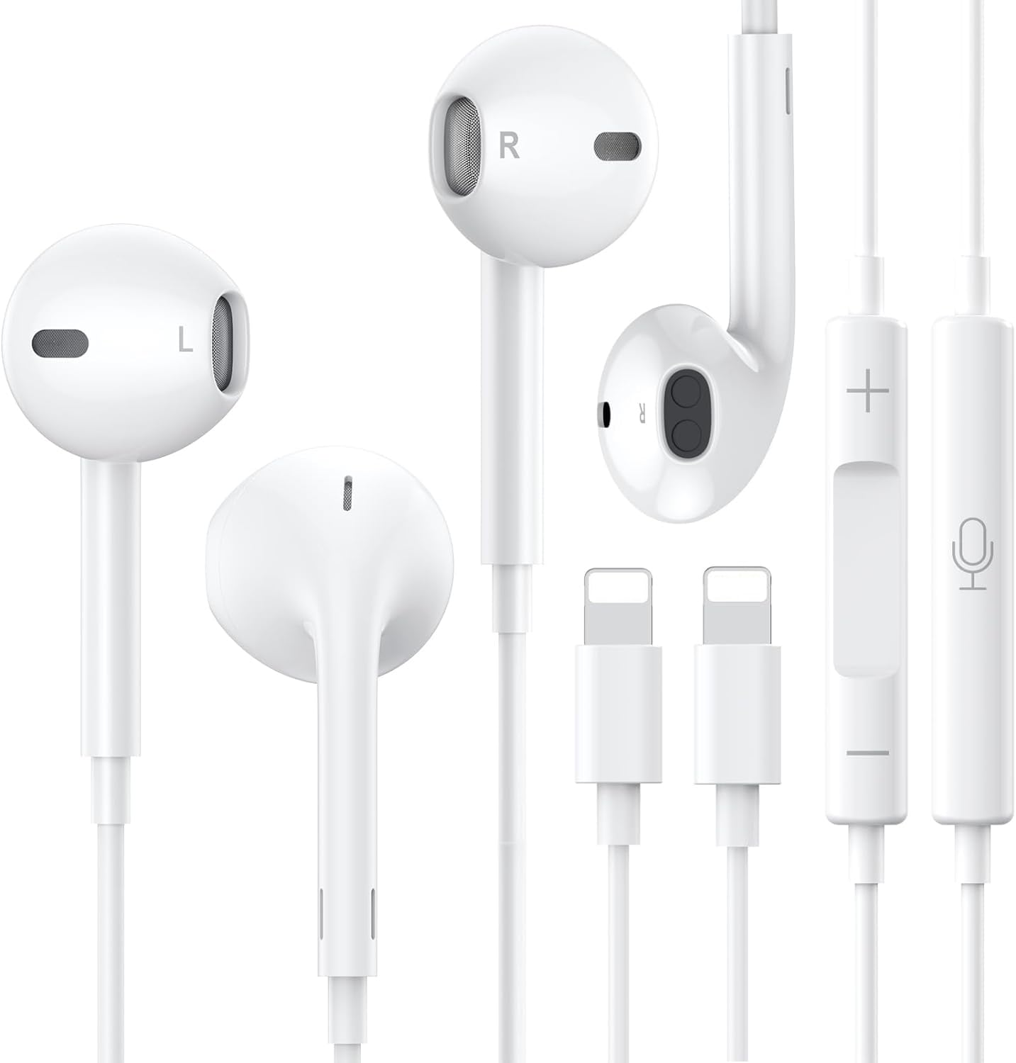 2 Packs - Headphones for iPhone Earbuds Wired Earphones [Plug and Play, No Bluetooth, MFi Certified] Built-in Mic & Volume Control Compatible with iPhone 14/13/12/11/XR/XS/X/8/7 - All iOS, White