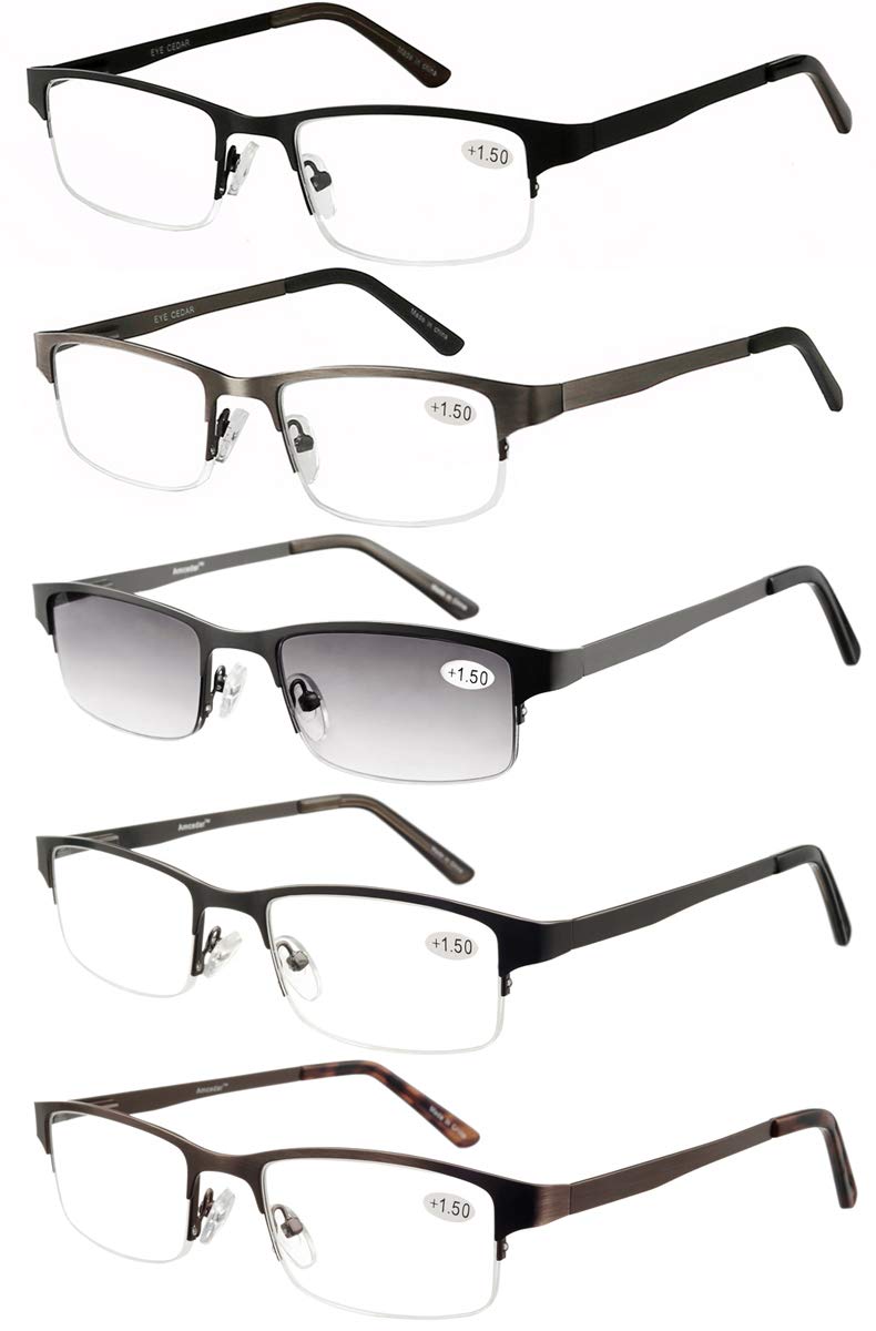 EYECEDARMetal Half-Frame Reading Glasses Men 5-Pack Spring Hinges Stainless Steel Material Includes Sun Readers +2.50