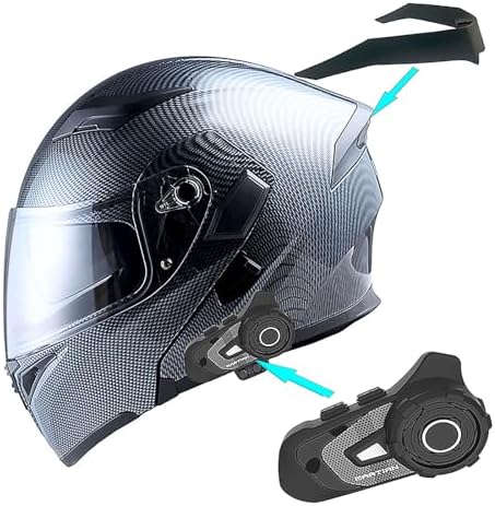 1Storm Motorcycle Modular Full Face Flip up Dual Visor Helmet + Spoiler + Motorcycle Bluetooth Headset: HB89 Carbon Fiber Black