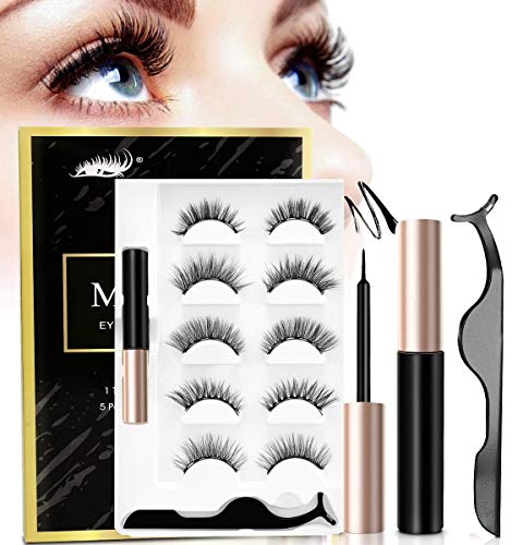 Reusable Magnetic Eyelashes With Eyeliner Kit, Upgraded 3D 5 Style Magnetic Eyeliner Eyelashes Kit With Tweezers Inside, No Glue Needed, Natural Look