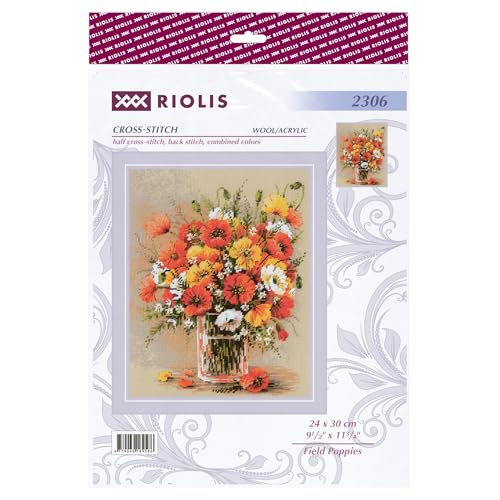 Image of RIOLIS - Field Poppies 2306, Cross Stitch Kits 9 inchx11, Floral Cross Stitch Kits for Beginners & Advanced, Crossstitching Kit Adult, Flowerd Embroidery Counted Stitching Kit