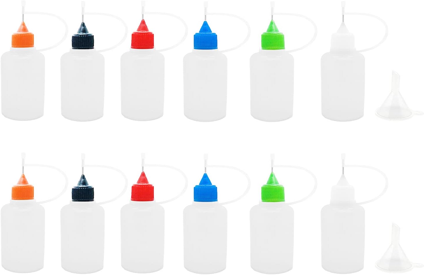 12pcs Precision Tip Applicator Bottles,30ml /1 Ounce Translucent Glue Bottles and 12 Colored Tips Applicator Tips for DIY Quilling Tools Craft Art Project Painting,with 2 Funnel