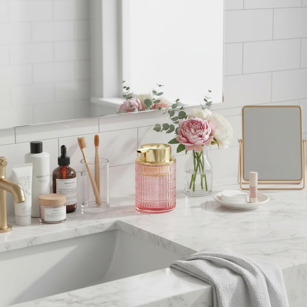 2pcs Foaming Soap Dispenser, Pink Glass Foam Soap Dispenser for Bathroom and Kitchen, 10 Oz Refillable Foaming Pump Bottle with Large Pump, Ribbed Bottle Container Decor