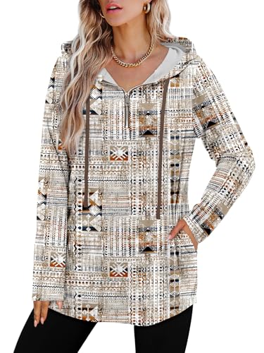 BETTE BOUTIK Womens Quarter Zip Tunic Hoodies Pullover Long Hooded Sweatshirts S-3XL