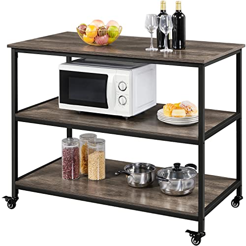 Yaheetech Large Kitchen Island on Wheels with Storage Shelves, 3-Tier Kitchen Carts on Wheels, Utility Rolling Cart Trolley for Kitchen, Serving Carts with Lockable Casters, 47x24x36 inch, Taupe Wood