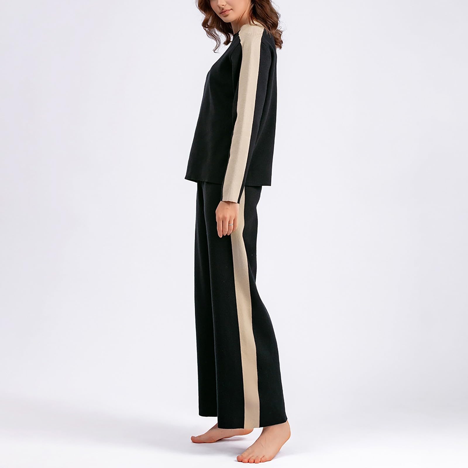 Suéter de punto de manga larga con cuello redondo para mujer, para otoño e invierno, color liso, pantalones de pierna ancha, versión holgada, ropa casual para el hogar, conjunto de pijama de algodón