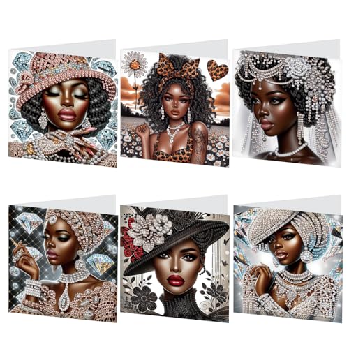 Image of 6 Pcs 5D Rhinestone Painting Greeting Cards Kits, Handmade Festival Greeting Cards with Envelopes Laser Effect DIY Diamond Art Crafts Birthday Cards for Birthdays Celebrations (Elegant African)