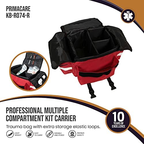 Primacare KB-RO74-R First Responder Bag for Trauma, Professional Multiple Compartment Kit Carrier for Emergency Medical Supplies, Red, 17 x 9 x 7 inches