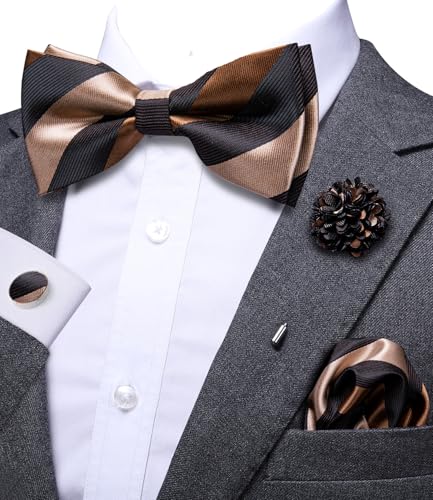Image of Dubulle Mens Paisley Striped Bowtie Set Pre-tied Bowtie for Men and Pocket Square Set Wedding Business