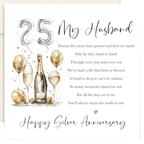 Silver 25th Wedding Anniversary Card for Husband - Original Poetry Keepsake Card Premium Linen Blank Inside Luxury Ivory Envelope