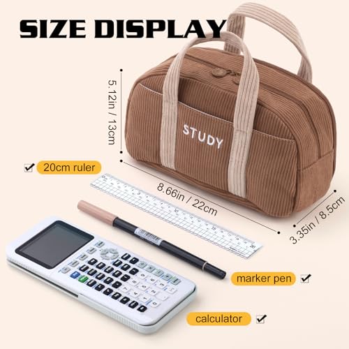 Image of EASTHILL Corduroy Hand-held Pencil Case Large Cute Pencil Pouch Stationery Pen Bag for Teen Girls-Brown