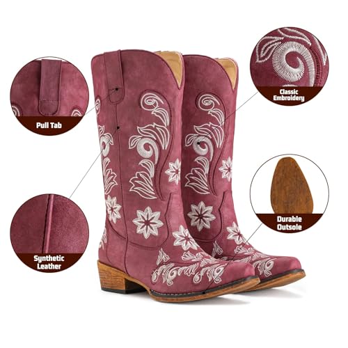 Image of IUV Cowboy Boots For Women Mid Calf Cowgirl Boots Embroidered Pull-On