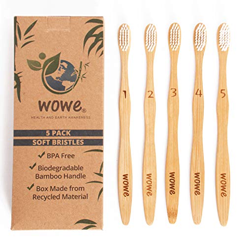 Wowe Natural Organic Bamboo Toothbrush Eco-Friendly Wood, Soft BPA Free Bristles, Pack of