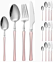 Vista 11 de Juego de 16 cubiertos de acero inoxidable con mango de cintura pequeña, cubiertos de acero inoxidable, cuchillos, tenedores, cucharas para 4