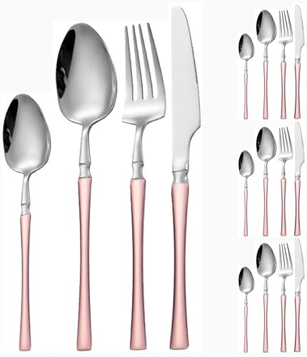 Miniatura 11 de Juego de 16 cubiertos de acero inoxidable con mango de cintura pequeña, cubiertos de acero inoxidable, cuchillos, tenedores, cucharas para 4