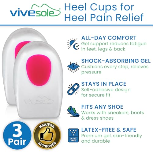 Image of ViveSole Heel Cups for Heel Pain Relief (3 Pairs) - Gel Cushion Inserts