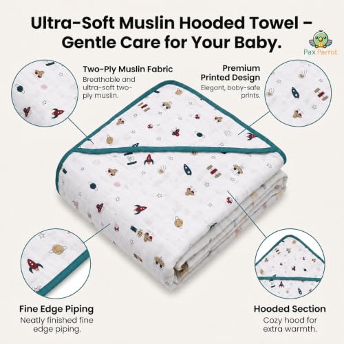 Image of Premium 2 Layer - Four Ply Muslin Cotton Hooded Baby Towel | Super Soft, Ultra Absorbent Bath Towel for Newborns & Infants | Large Size Hooded Wrapper for Boys & Girls (White)
