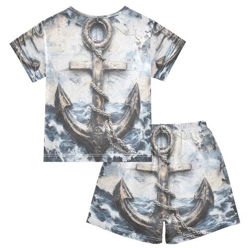 ALAZA Anchor Retro Vintage Pajamas Set Short Sleeve Cotton Sleepwear Summer Pjs 2 Piece 5-14Y2