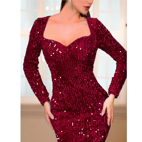 Image of Velvet Sequin Formal Evening Party Dress Sweatheart Bodycon Long Sleeve Maxi Gown