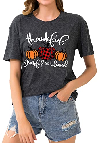 Thanksgiving Shirts for Women: Thankful Grateful Blessed Shirt Thanksgiving Pumpkin Tshirts Short Sleeves Fall Tops3