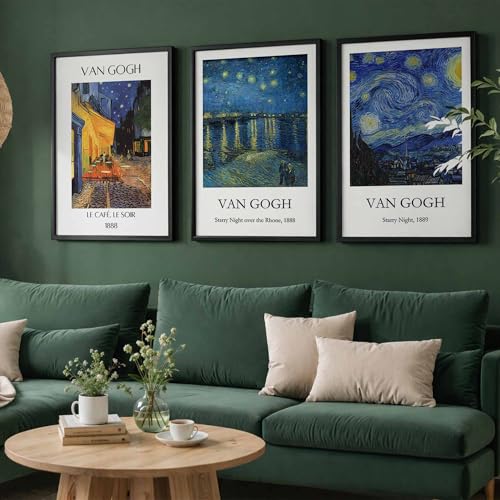 Image of Waltractive Vincent Van Gogh Starry Night, Cafe Terrace at Night & Starry Night over the Rhone Paintings Poster Wall Art Framed - Available in 9x13 and 13x19 Inches - Perfect Wall Decor for Bedroom and Dorm for Decoration for Art Lovers (Van Gogh Nightscape Trio, 9x13 Inch)