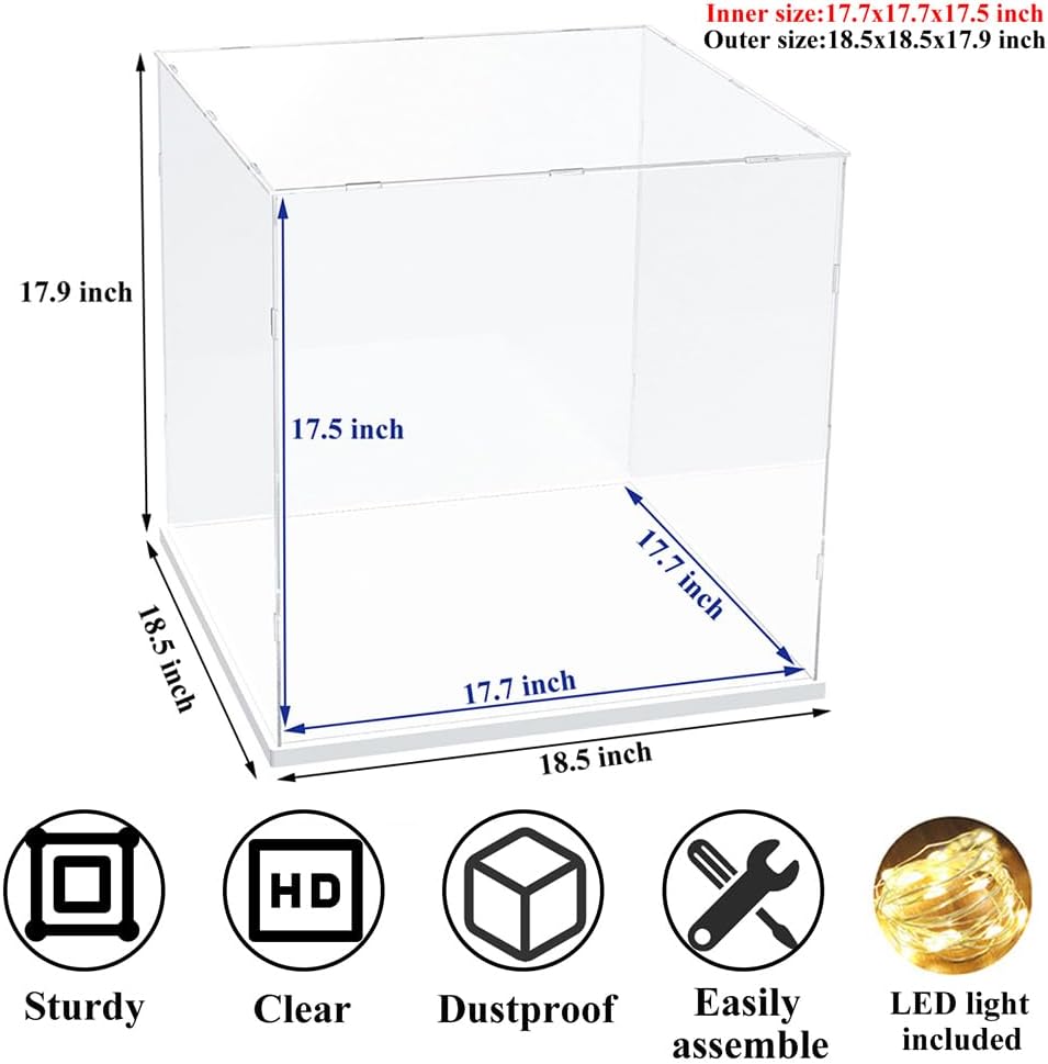 DuvinDD Acrylic Display Case for Collectibles Lego Clear Acrylic Display Box Countertop Dustproof Protection Large Showcase Toys Action Figure Stand Home Storage Box with Base (17x17x17 inch)