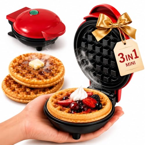TASMAX Mini waffle maker 3 in 1 waffle iron household appliances kitchen gift easy to clean non-stick surfaces 4 inches perfect for breakfast dessert sandwich cakes