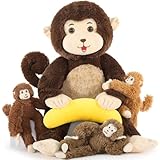 MaoGoLan Big Monkey Stuffed Animal Set with Banana,Mom and Baby Stuffed Monkeys,A Pregnant Monkey Plush Toy and 3 Small Monkey with Velcro,Gifts for Kids