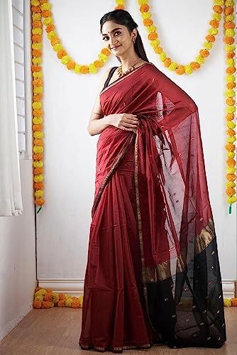 Image of SGF11 Women's Kanjivaram Soft Cotton Linen Silk Saree With Blouse Piece (Maroon Black)