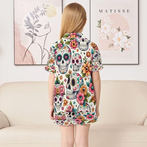 senya Pajama Sets Silky Button Down Nightwear Sleepwear Size 5-14 Years Flower Skull4