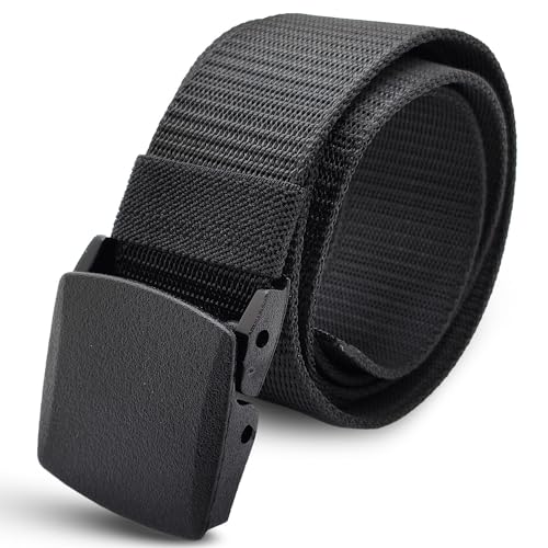 SHAVIT Nylon Belts for Men, Work Belt Adjustable Slide Plastic Buckle Web Canvas Belt for Outdoor, Airport friendly (Black)