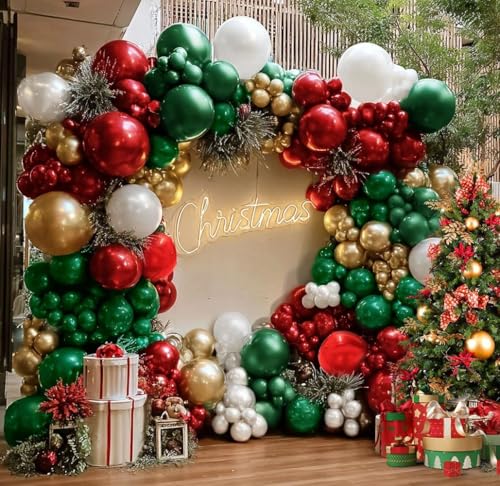 Christmas Balloon Garland Kit - Double Stuffed Burgundy Dark Green Pearl White Gold Balloon Arch Red Metallic Foil Balloons for Christmas New Year Xmas Party Decorations