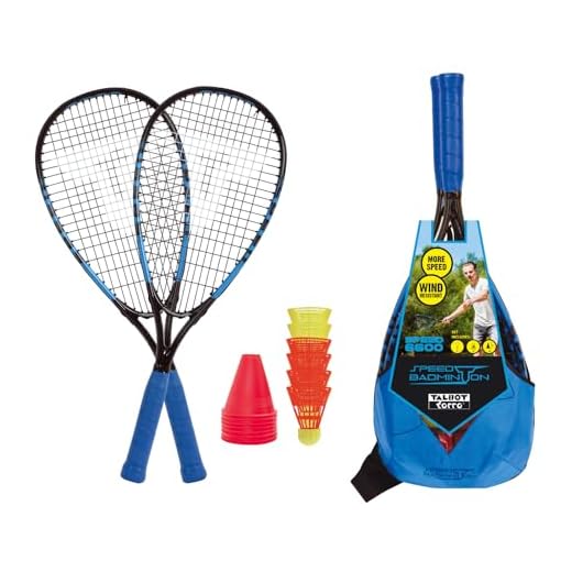 Talbot-Torro hastighets-Badminton Set Speed 6600, stor komplett set, 2 kraftfulla aluminiumrack 58,5 cm, 6 vindstabila baler, cones för spelmarkering, i trendig ryggsäck, cyanblå-svart, 490116