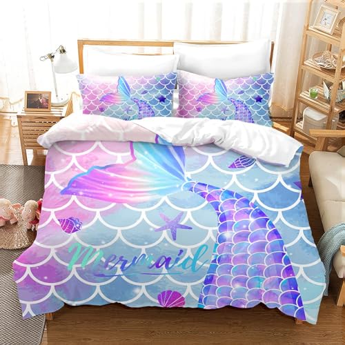MUSOLEI Mermaid Bedding Set Girls Double Colorful 3D Mermaid Tail Blue Duvet Cover Sets Pink Lovely Quilt Cover Soft with Pillwocase (Mermaid - Image 2