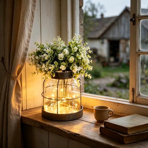 Vintage Glass Farmhouse Vase, Rustic Lantern Planter with LED & Flowers - Image 3