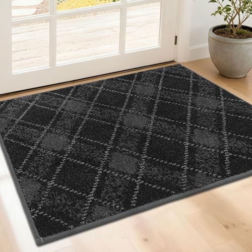 COSY HOMEER Plaid Door Mat 24" x 36",Dirt Trapper Entryway Rugs,Non-Slip Washable Farmhouse Doormat,Low Profile Welcome Mats for Muddy Paws Dark Grey Dark Grey 2' x 3' (Rectangular)