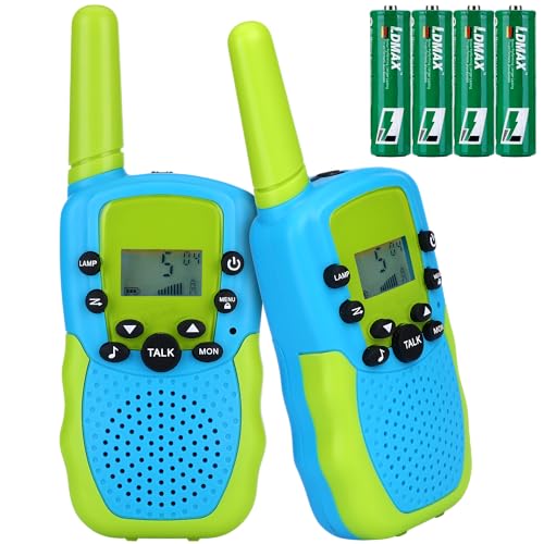 NK Walkie Talkies para Niños de 4 5 6 7 8 9 Años (Pilas Incluidas) - Larga Distancia 3km, Pantalla LED, 22 Canales, Juguete Infantil con Linterna, Regalo Navidad Cumpleaños, Color Azul/Verde