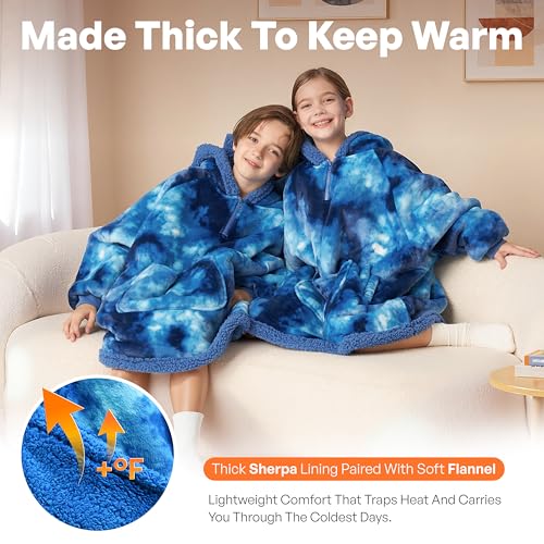 Image of Giggling Getup Wearable Blanket Hoodie for Girls and Boys Warm Cozy Sherpa Fleece Hooded Blanket Sweatshirt Oversized Hoodie with Giant Pocket & Sleeves for Kids Dark Blue Tie Dye