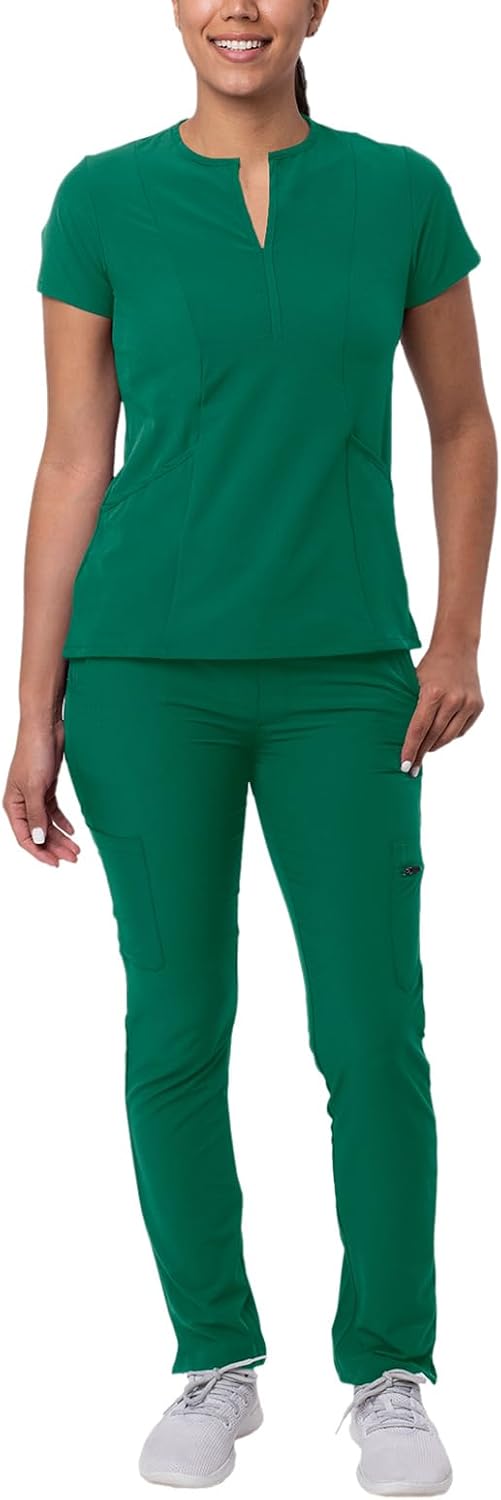 Adar Addition Scrubs Set for Women - Stretch Notched V-Neck Scrub Top & Skinny Cargo Scrub Pants, 10 Pockets
